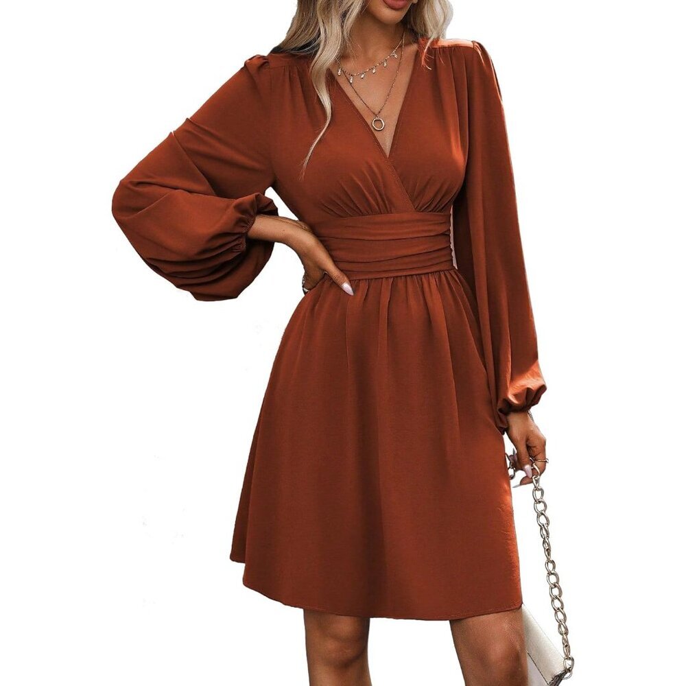 Women's Long Sleeve Dress Smocked Elastic Waist Casual Elegant Puff V Neck